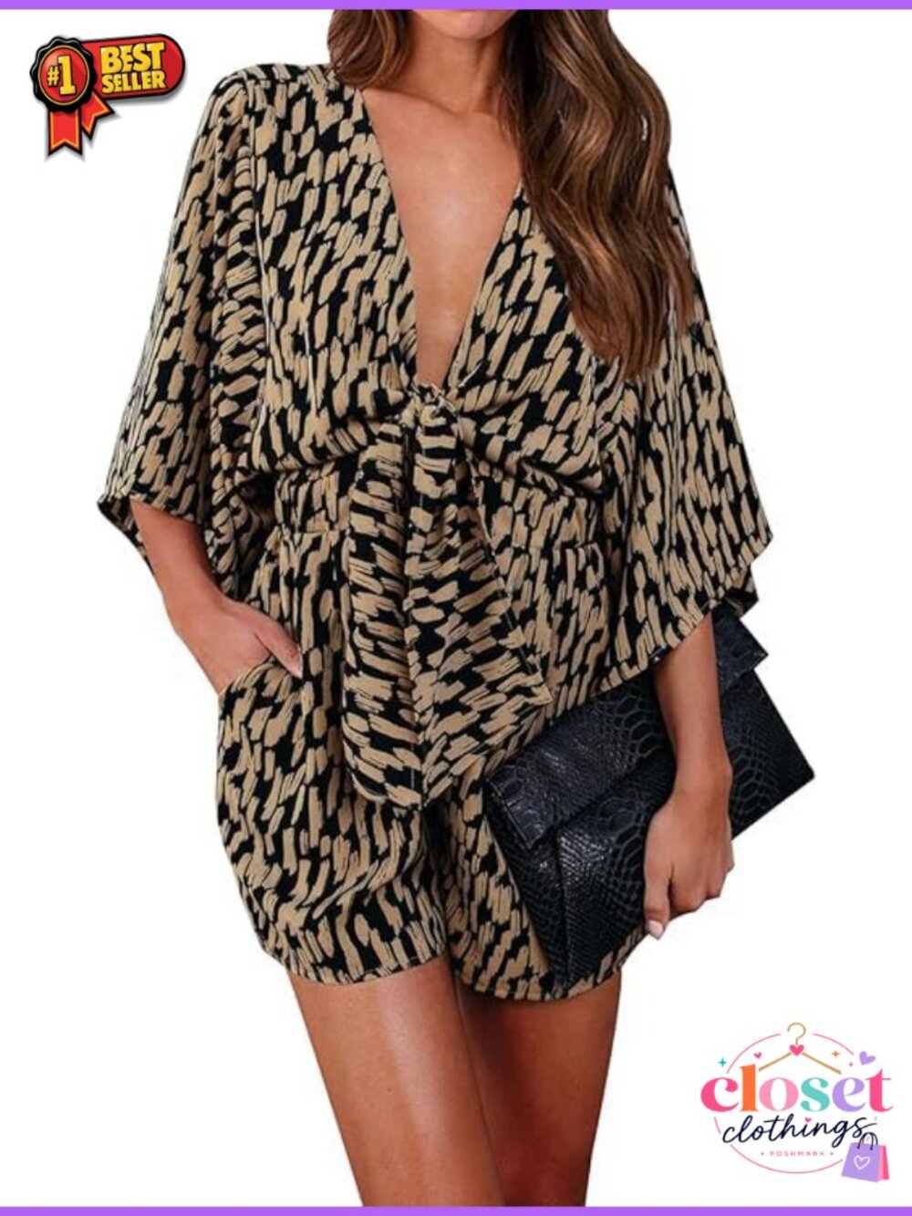 PRETTYGARDEN Women's 3/4 Sleeve V Neck Summer Romper Pockets